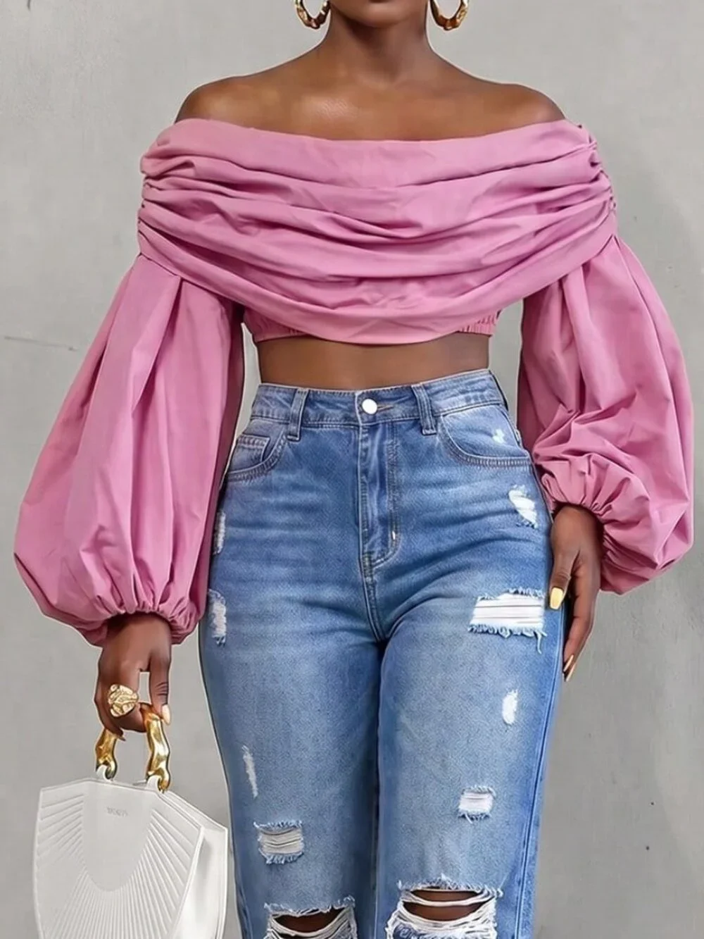 Pink Elegant Women's Casual Ruched Off-Shoulder Cropped Top